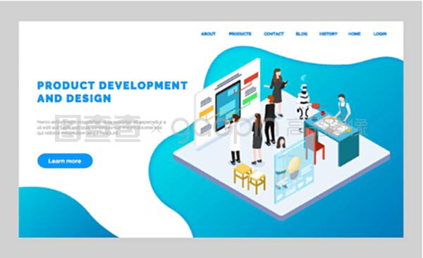 軟件產品開發和設計網站。從事工程、制造過程的人員。移動應用程序模型板。平面網頁矢量插圖。產品開發和設計網頁,模型